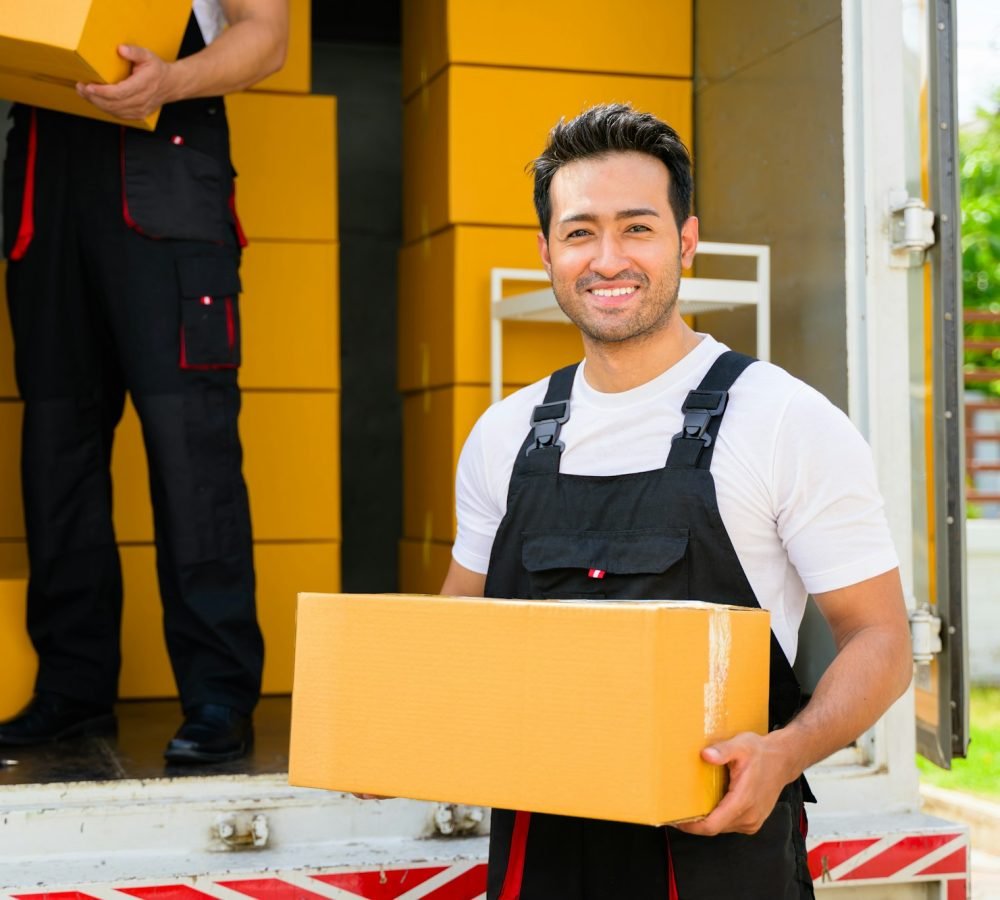 Happy two delivery men in front of delivery truck, Delivery men checking order of moving service and